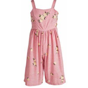 NWT BONNIE JEAN ROMPER RED WHITE STRIPES EMBROIDERED FLOWER SIDE BUTTONS SIZE 16